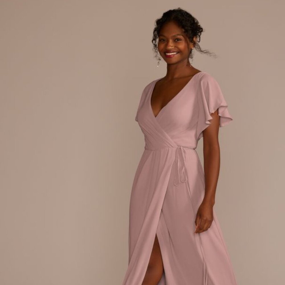 David's Bridal Flutter Sleeve Wrap Dress / Bridesmaid / Quartz / Size 14 - NWT - Picture 2 of 10